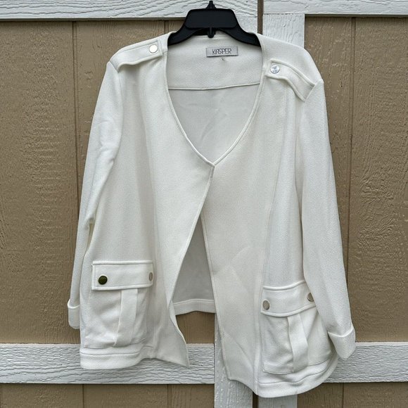 KASPER 3/4 Sleeve Wing Collar Crosshatch Jacket Plus Size 3X Ivory Gold Button - Picture 2 of 10